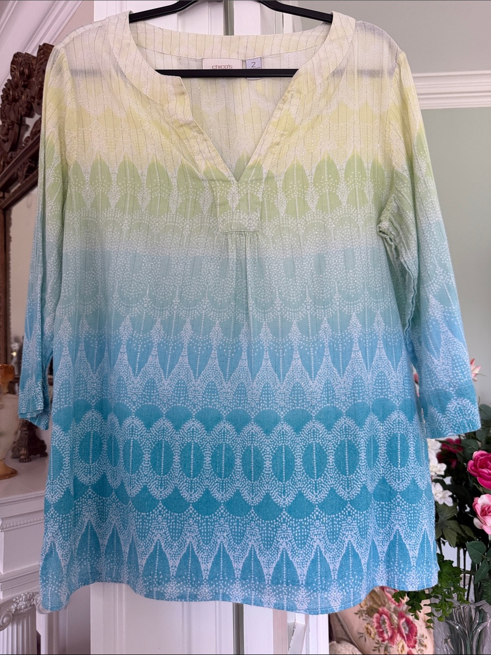 Chico's Aqua, Lime & Teal Gradient Tunic, size 2